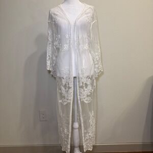Sheer White Floral Lace Duster Cardigan Robe  Boho Beach Cover Up